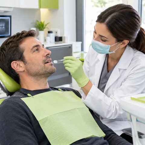 Odontóloga con mascarilla revisando la boca de un hombre en el sillón dental