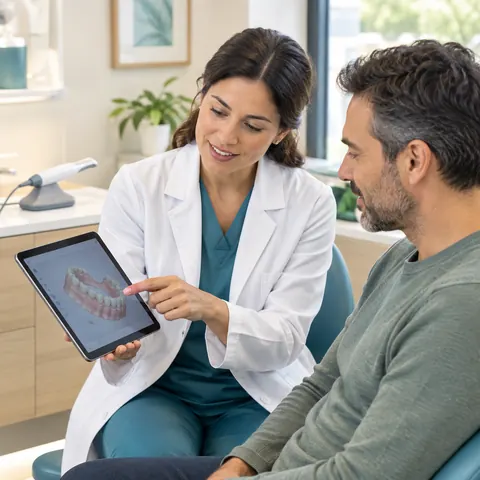 Odontóloga mostrando en una tableta un modelo digital de la arcada dental a un paciente adulto